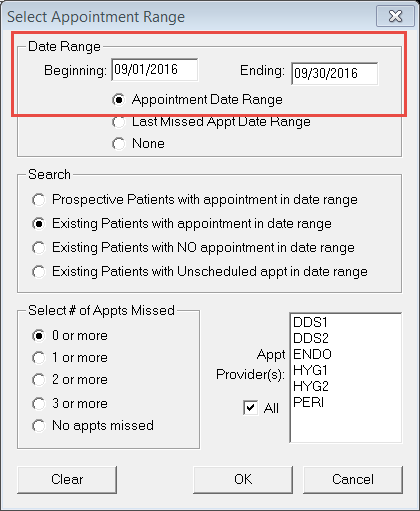 click the appointments search button the select appointment range dialog box appears