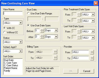 New Continuing Care View dialog